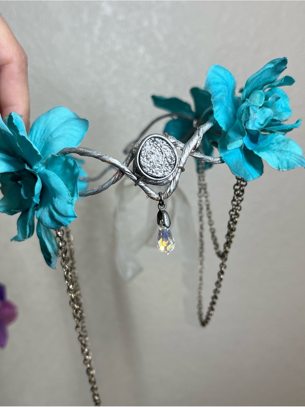 Silver Druzy Pendant flower crown with Crystal Teardrop